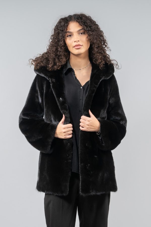 Hooded Black Velvet Mink Fur Jacket With Belt