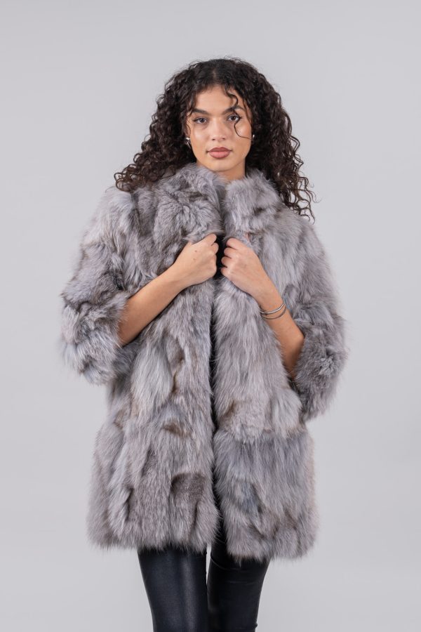 Light Gray Fox Fur Jacket With 3/4 Sleeves