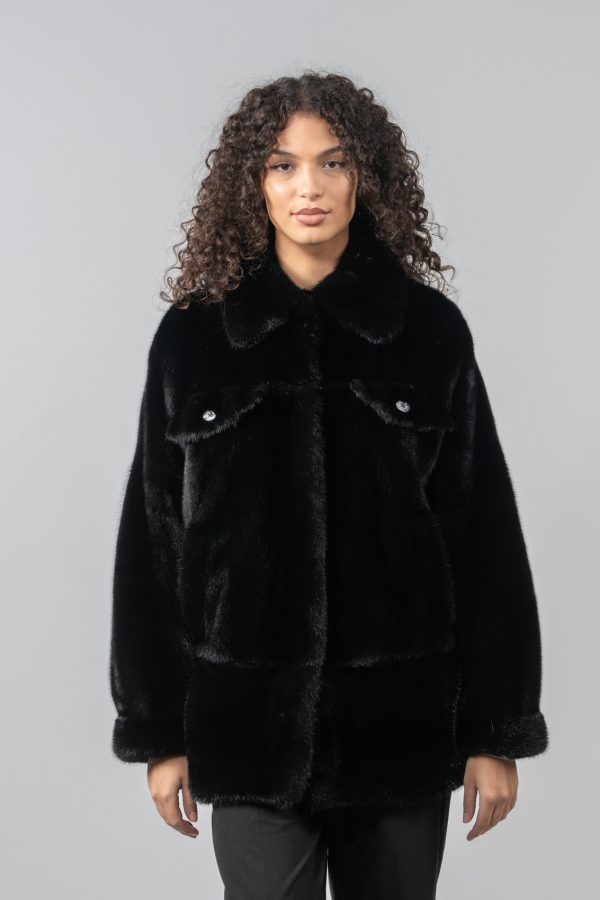 Black Mink Fur Jacket With Front Pockets