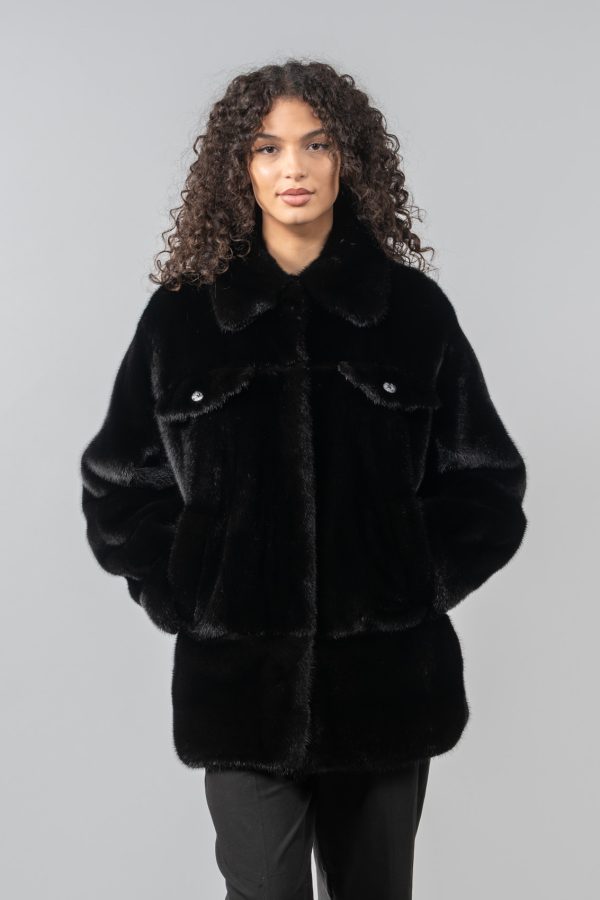 Black Mink Fur Jacket With Front Pockets