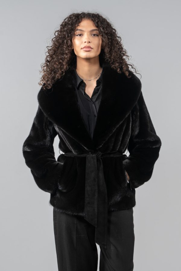 Belted Black Velvet Mink Fur Jacket
