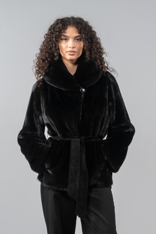 Belted Black Velvet Mink Fur Jacket