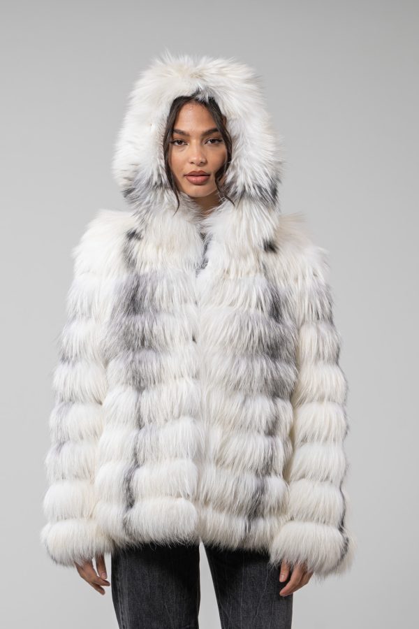 Hooded Black And White Fox Fur Jacket
