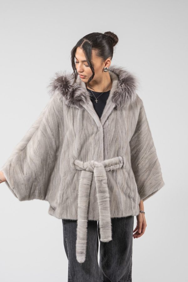 Sapphire Mink Fur Cape With Fox Trim Hood