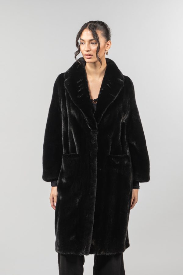 V-Neck Blackglama Mink Fur Jacket With Front Pockets