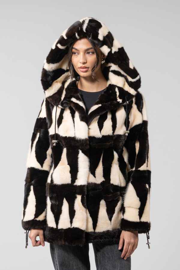 Veste en fourrure de vison bicolore avec capuche