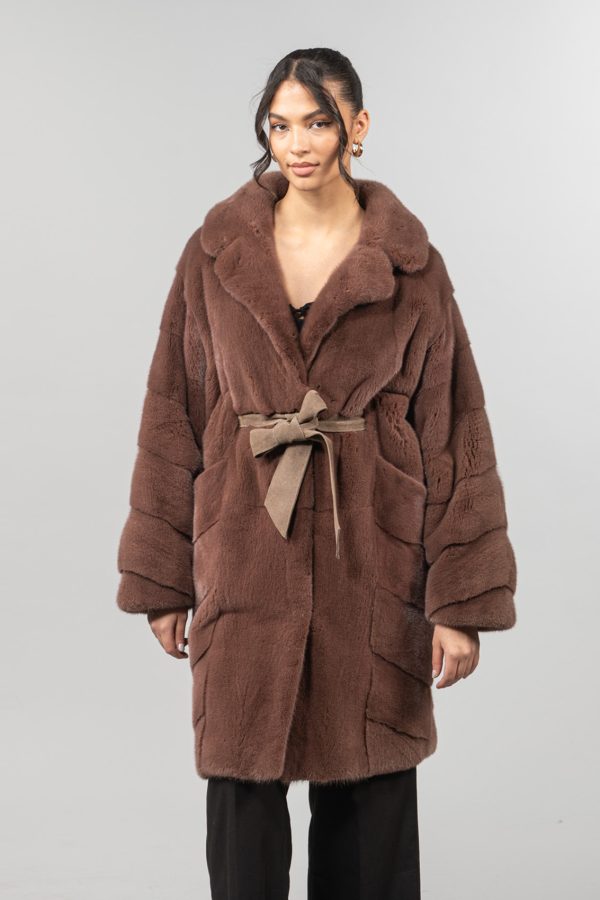 Carob Brown Mink Fur Coat With Notched Collar