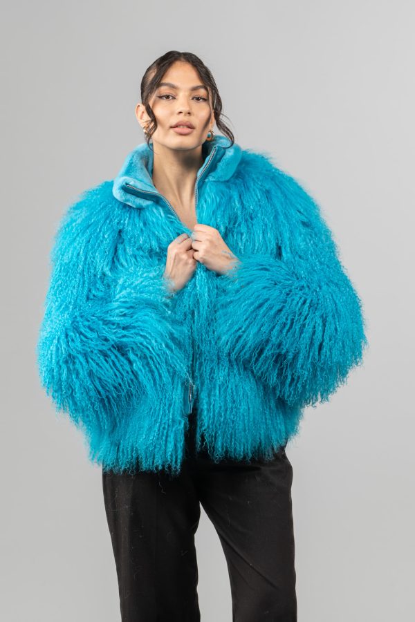 Aqua Blue Mongolian Fur Jacket