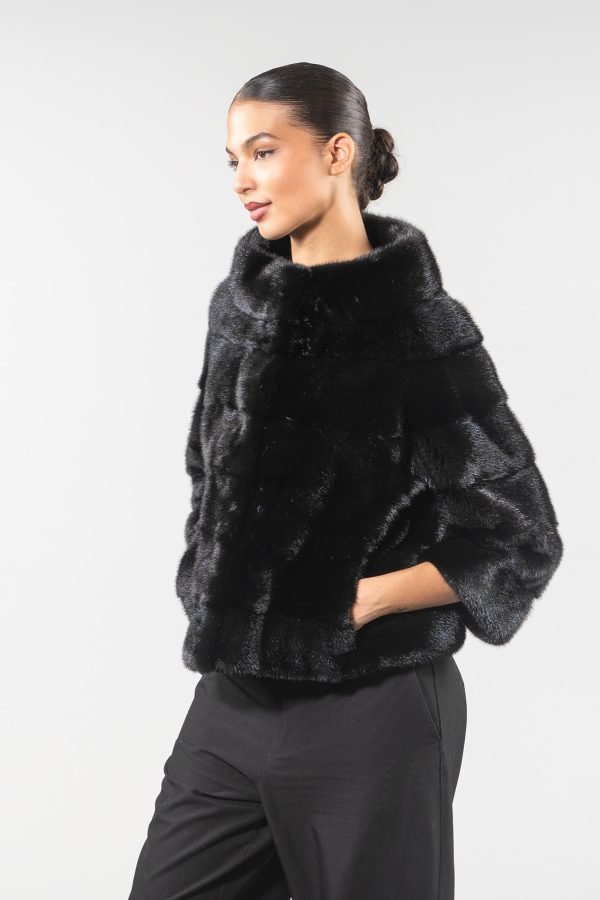 Black Horizontal Layered Mink Jacket .