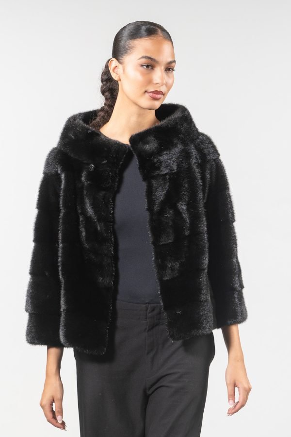 Black Horizontal Layered Mink Jacket .