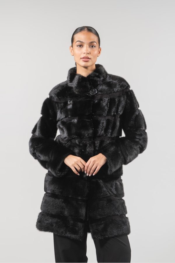 Black Horizontal Mink Fur Jacket with Stand-up Collar Black Horizontal Mink Fur Jacket with Stand-up Collar