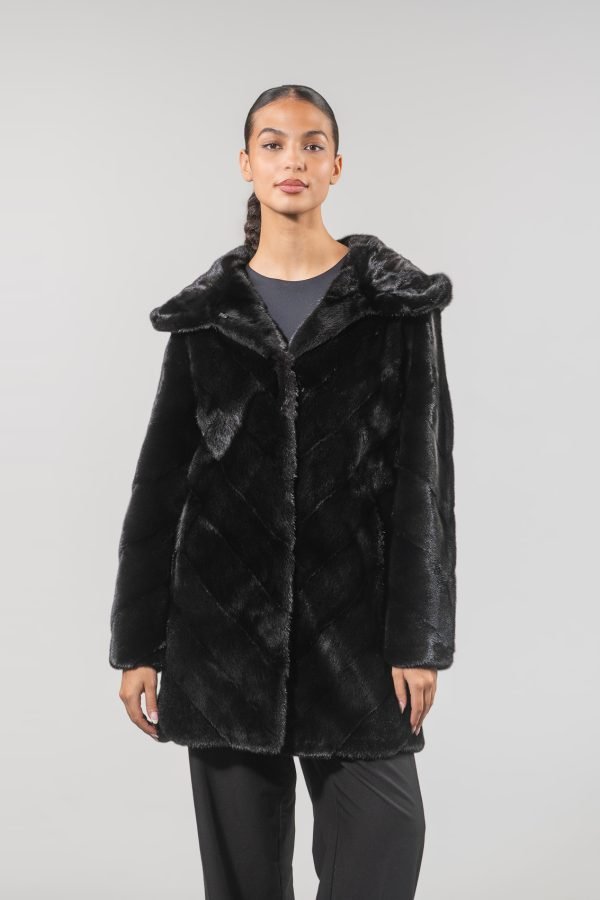 Black Velvet Diagonal Mink Hooded Fur Coat Black Velvet Diagonal Mink Hooded Fur Coat