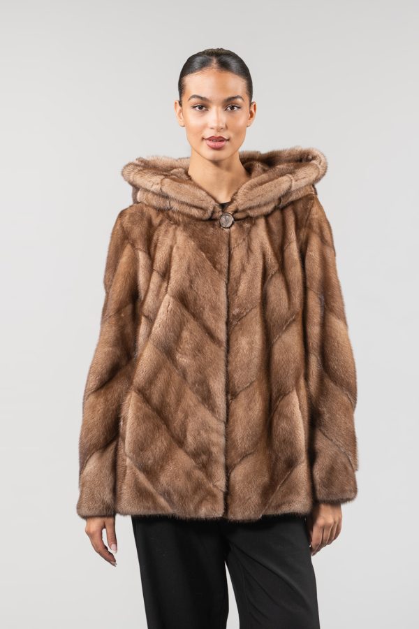 Caramel Diagonal Mink Fur Hooded Jacket Caramel Diagonal Mink Fur Hooded Jacket