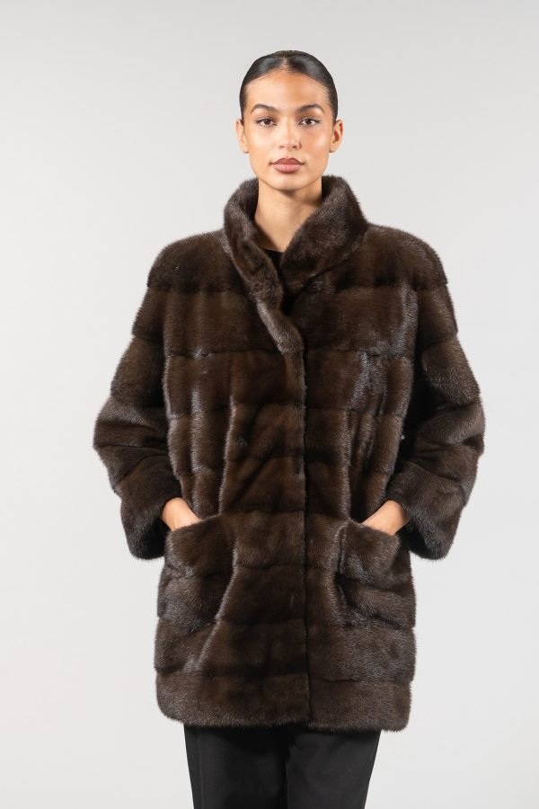Chocolate Brown Horizontal Mink Fur Jacket with Stand-up Collar Chocolate Brown Horizontal Mink Fur Jacket with Stand-up Collar