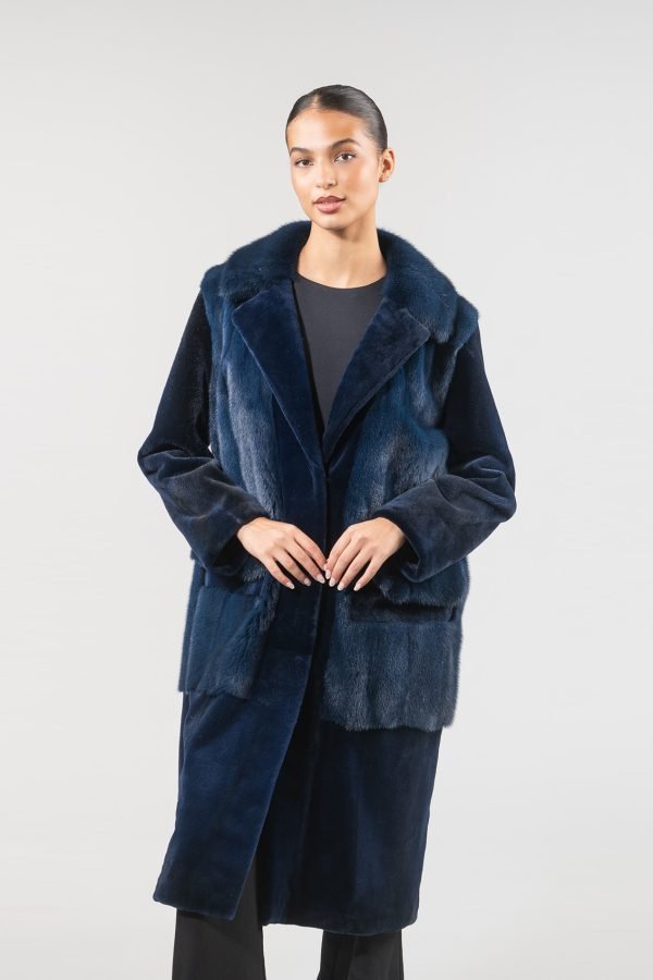 Navy Blue Mink Fur Jacket with Notched Collar Navy Blue Mink Fur Jacket with Notched Collar