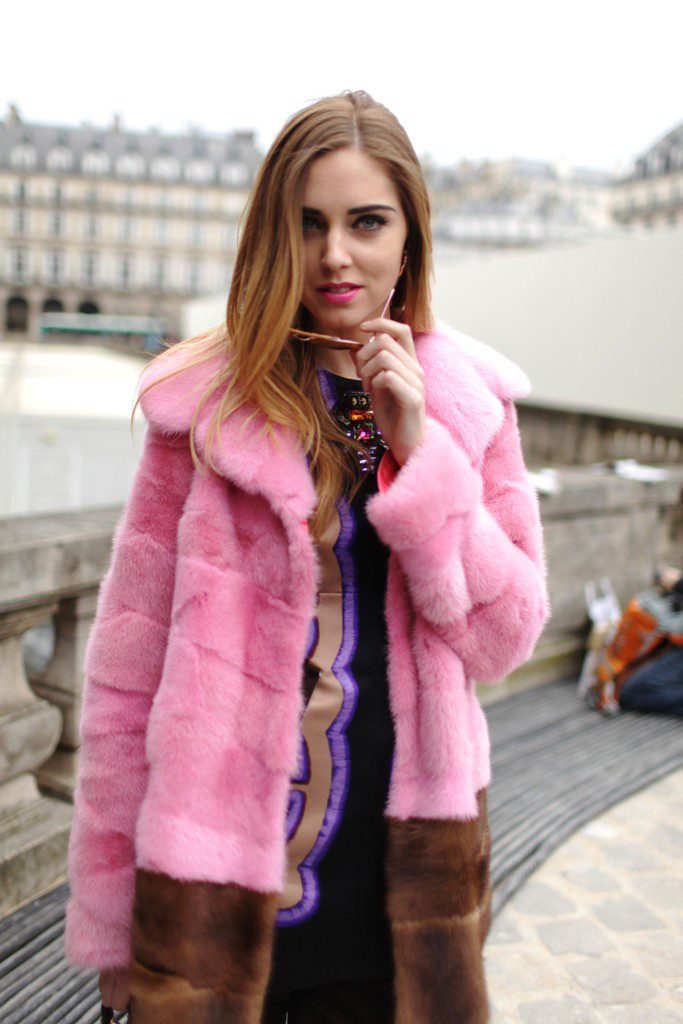 Chiara Ferragni with her Gucci multicolor mink fur jacket.