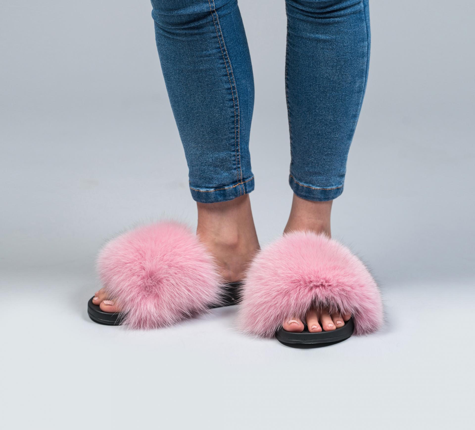 Pink Fur Slides. Made of 100% Real Fur 