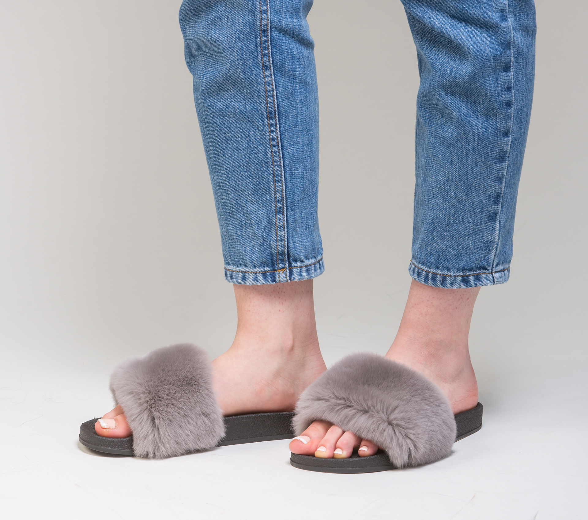 Grey Fur Slides. Made of 100% Real Fur 
