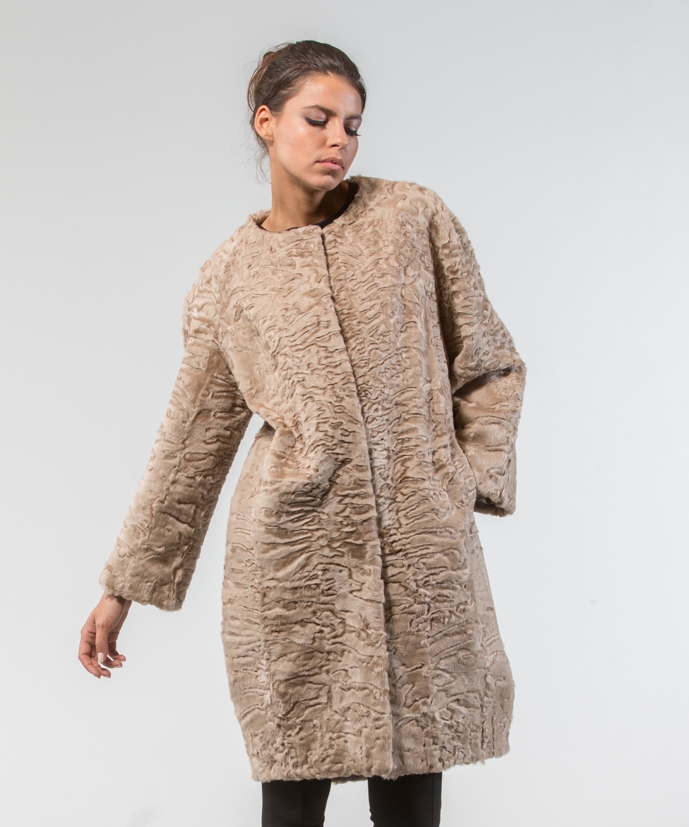 Beige Astrakhan Fur Coat .100% Real Fur Coats and Accessories.