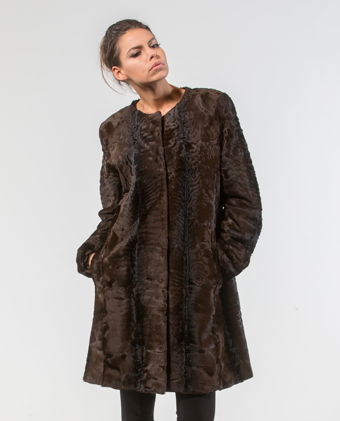 Dark Brown Astrakhan Fur Jacket. 100% Real Fur Coats and Accessories.