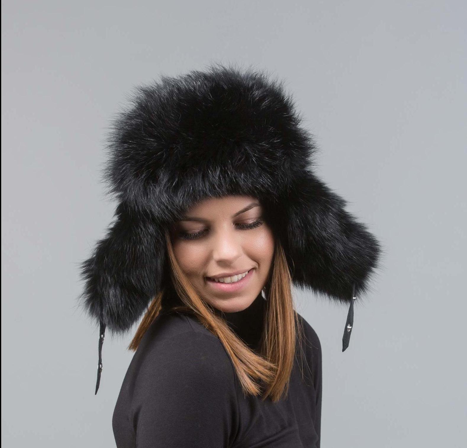 Black Fox Fur Trapper Hat . 100% Real Fur Accessories - Haute Acorn