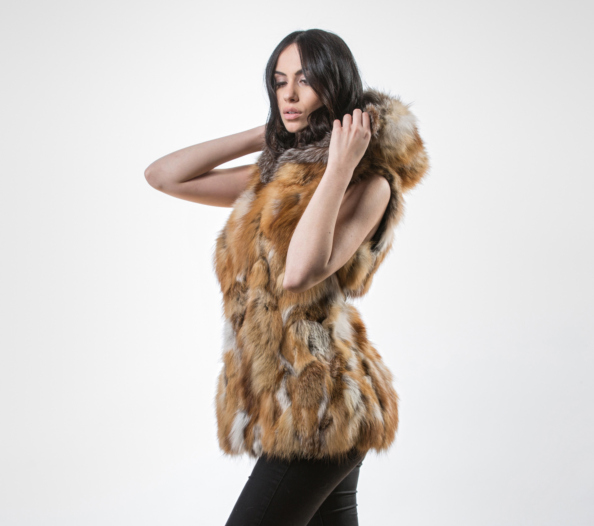 Red Fox Fur Vest With Hood. Real Fur Coats and Accessories.