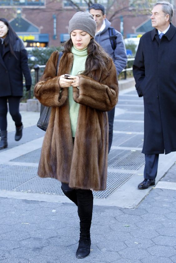 cozy new yorker in boots wool shirt and mink coat