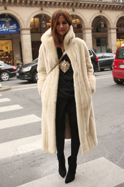 pearl mink long coat with black pants and top