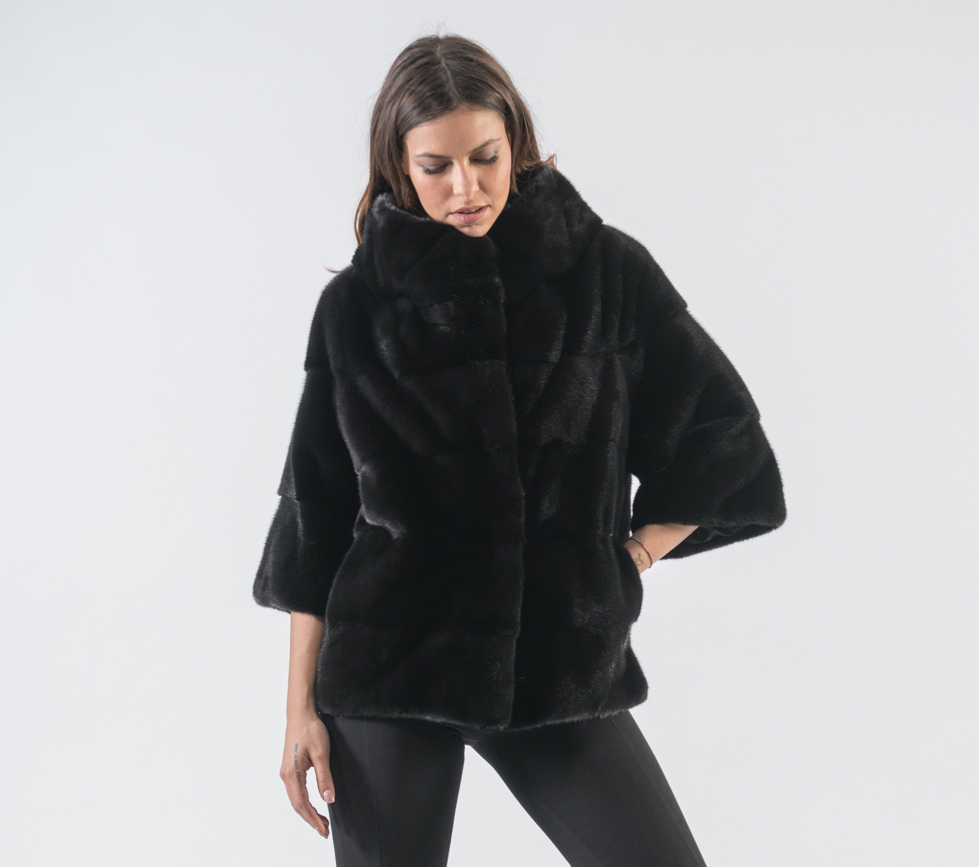 Black Mink Fur Jacket With 7/8 Sleeves - 100% Real Fur - Haute Acorn