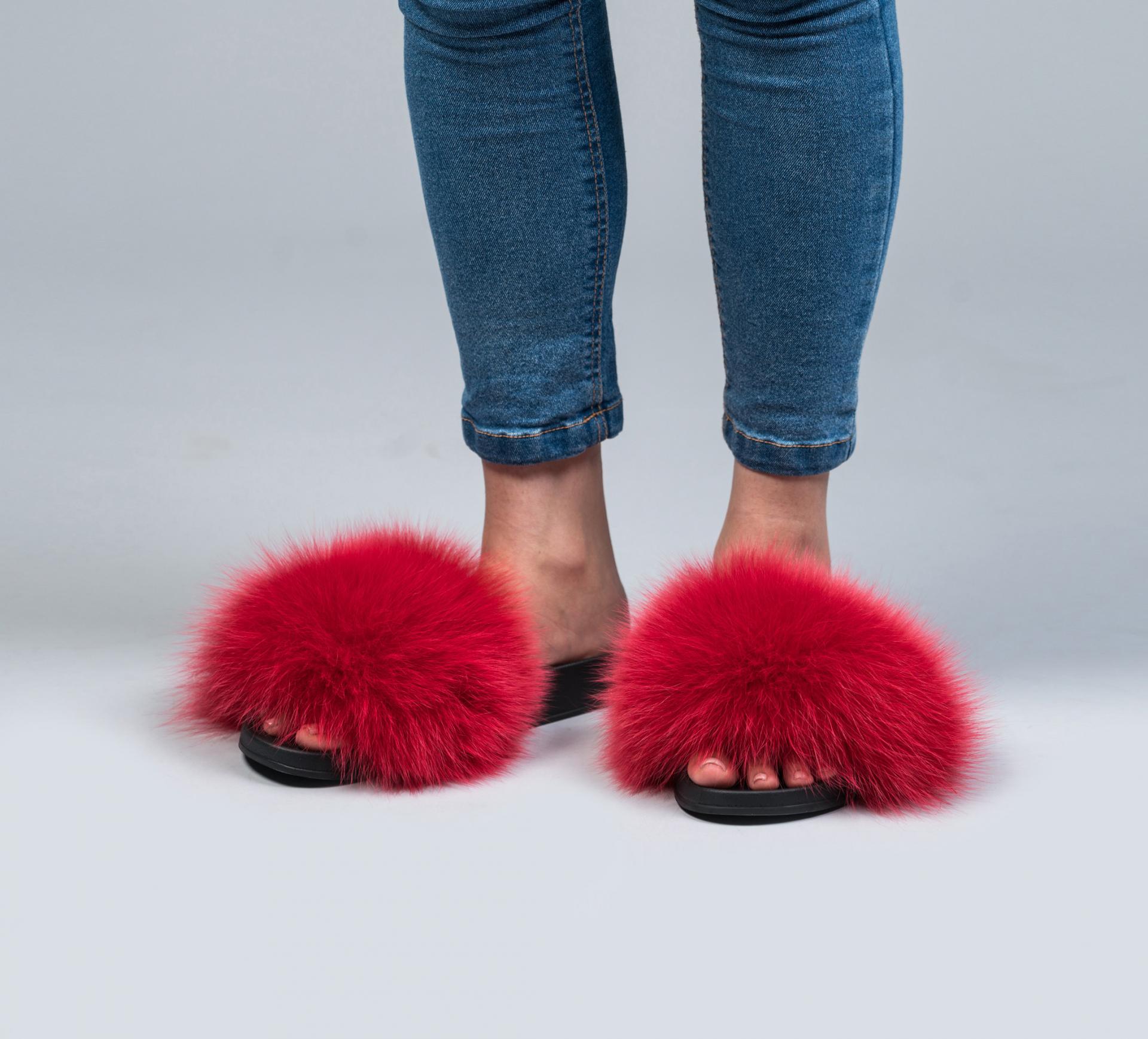 Red Fur Slides - Made of 100% Real Fur - All Sizes Available.