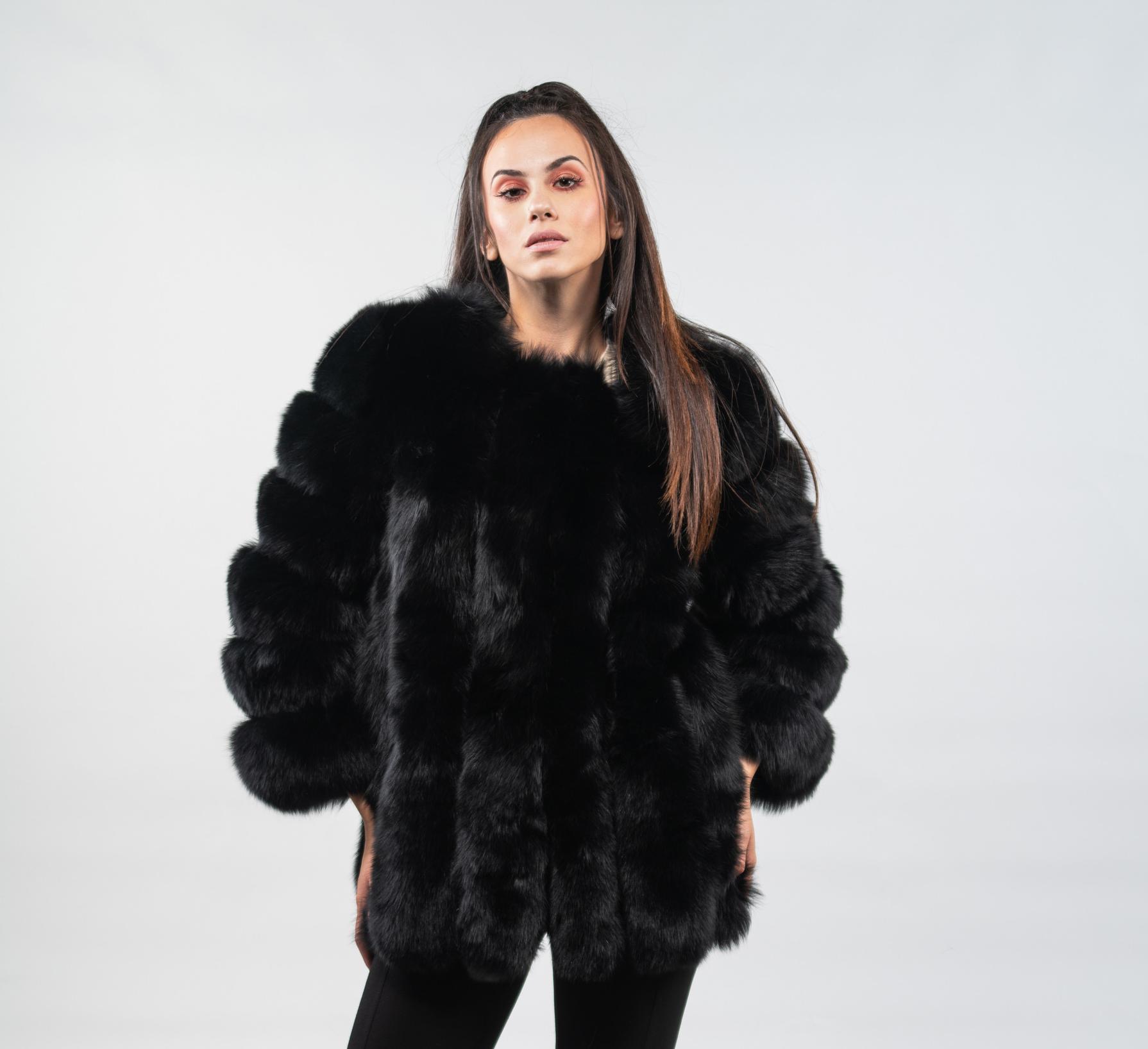 Black Vertical Fox Fur Jacket 100, Long Black Fox Fur Coat