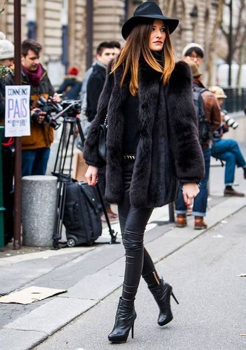 black fur outfit with black hat