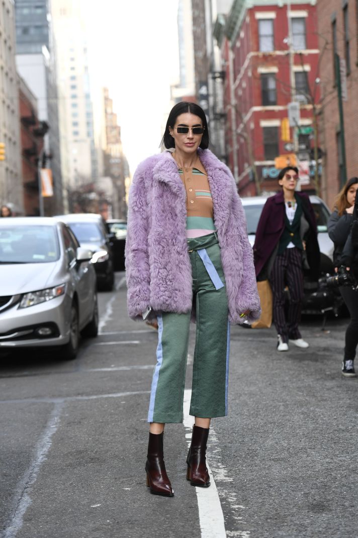 Purple shearling coat, New York Fashion Week