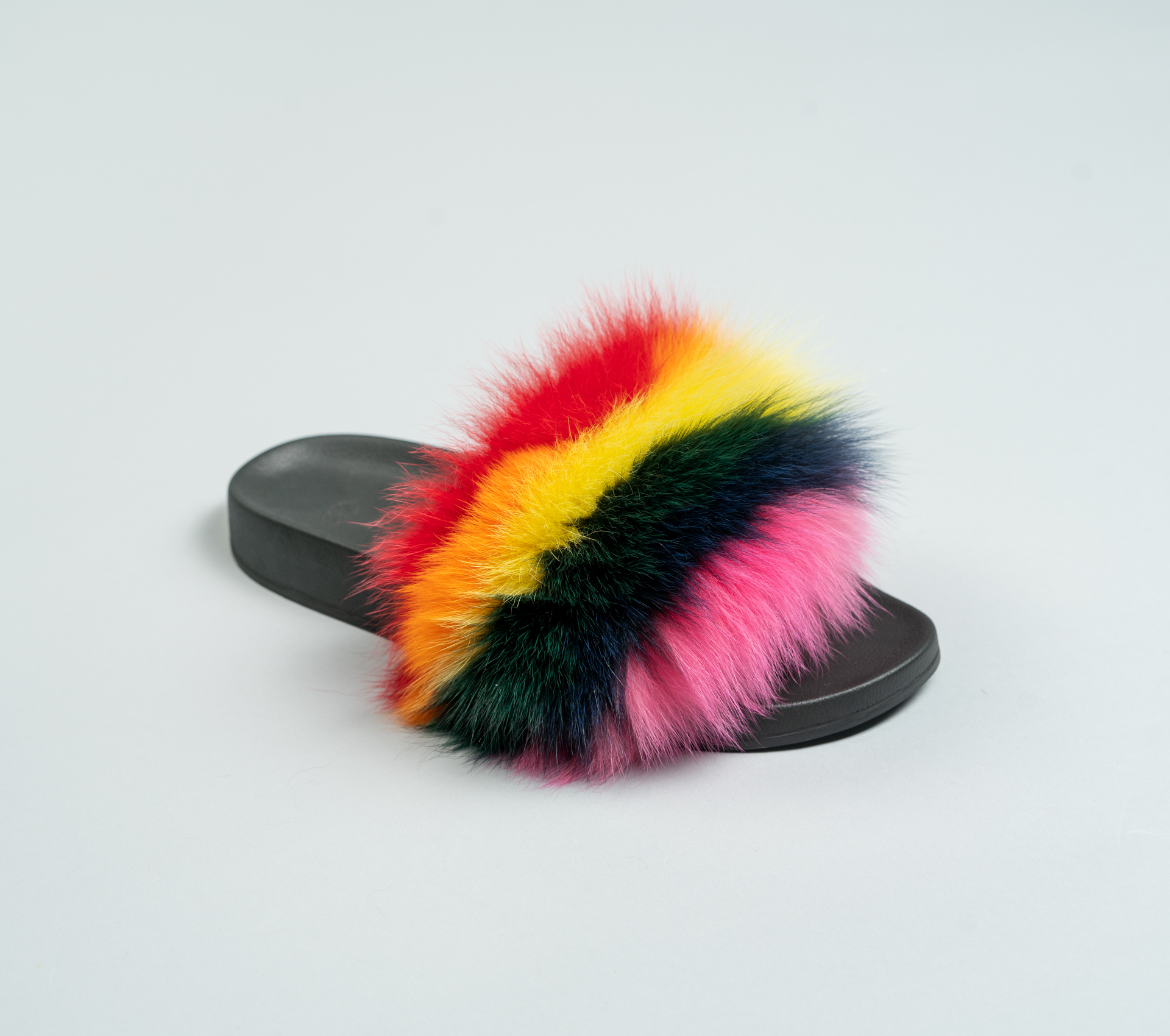 rainbow fox fur slides