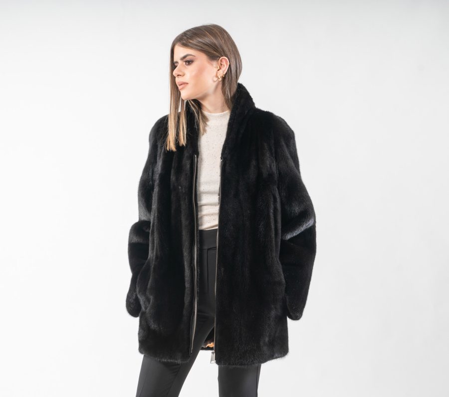 Zipper Black Mink Fur Jacket- 100% Real Fur - Haute Acorn