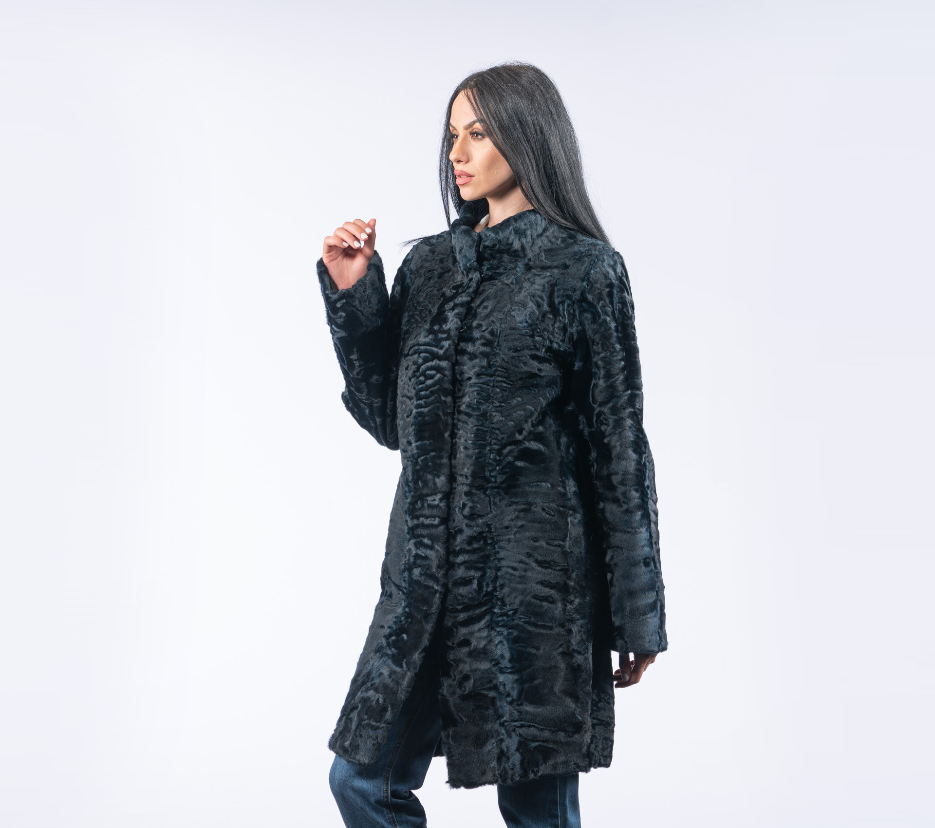 Blue Black Astrakhan Fur Jacket