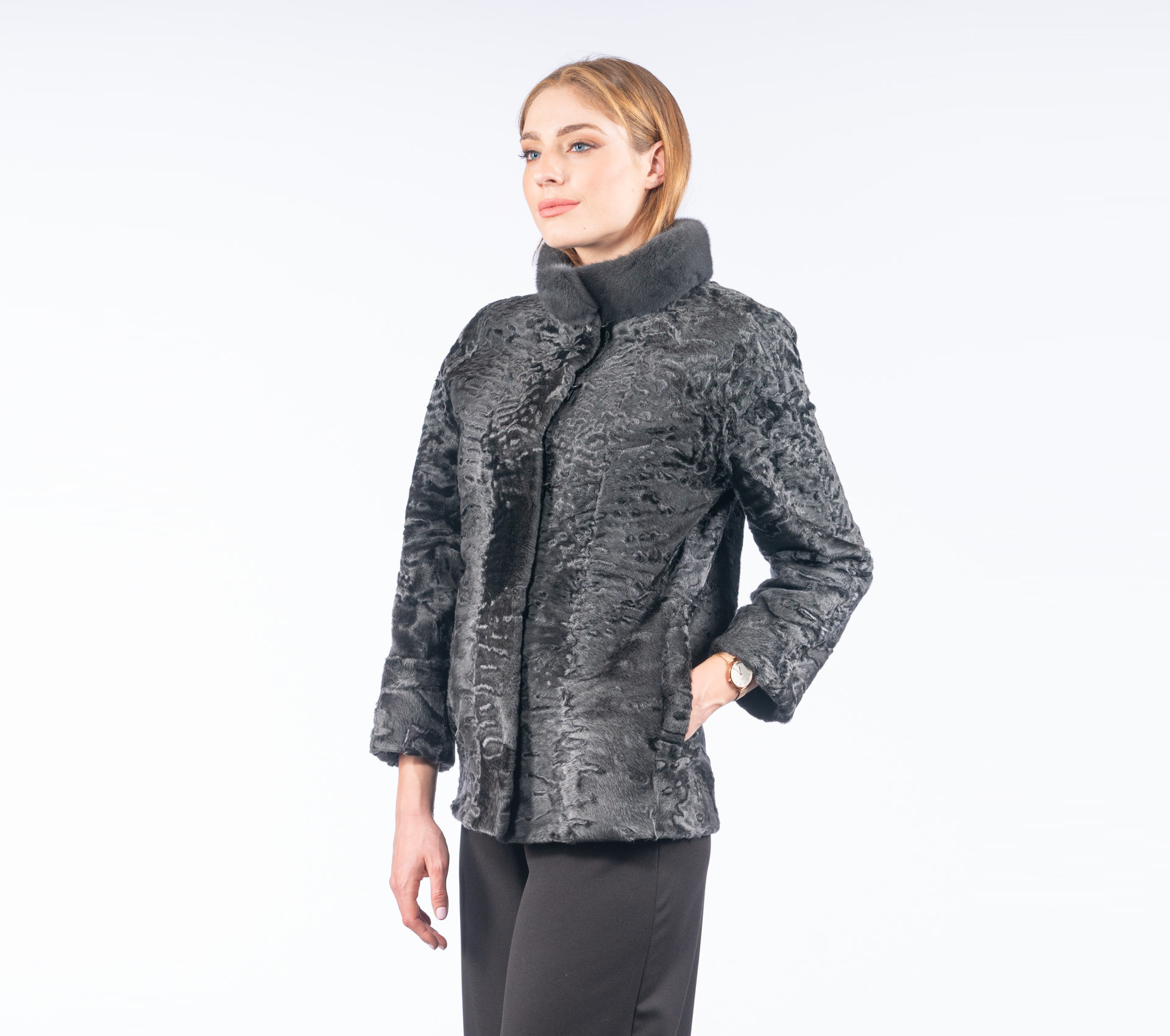 Gray Astrakhan Fur Jacket With Mink Collar