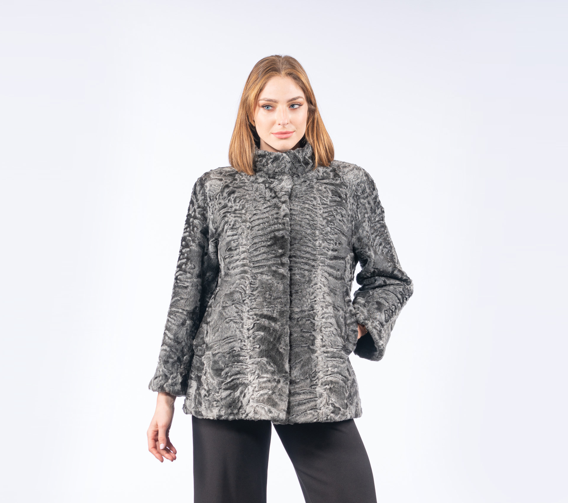 Gray Short Astrakhan Fur Jacket - 100% Real Fur Coats - Haute Acorn