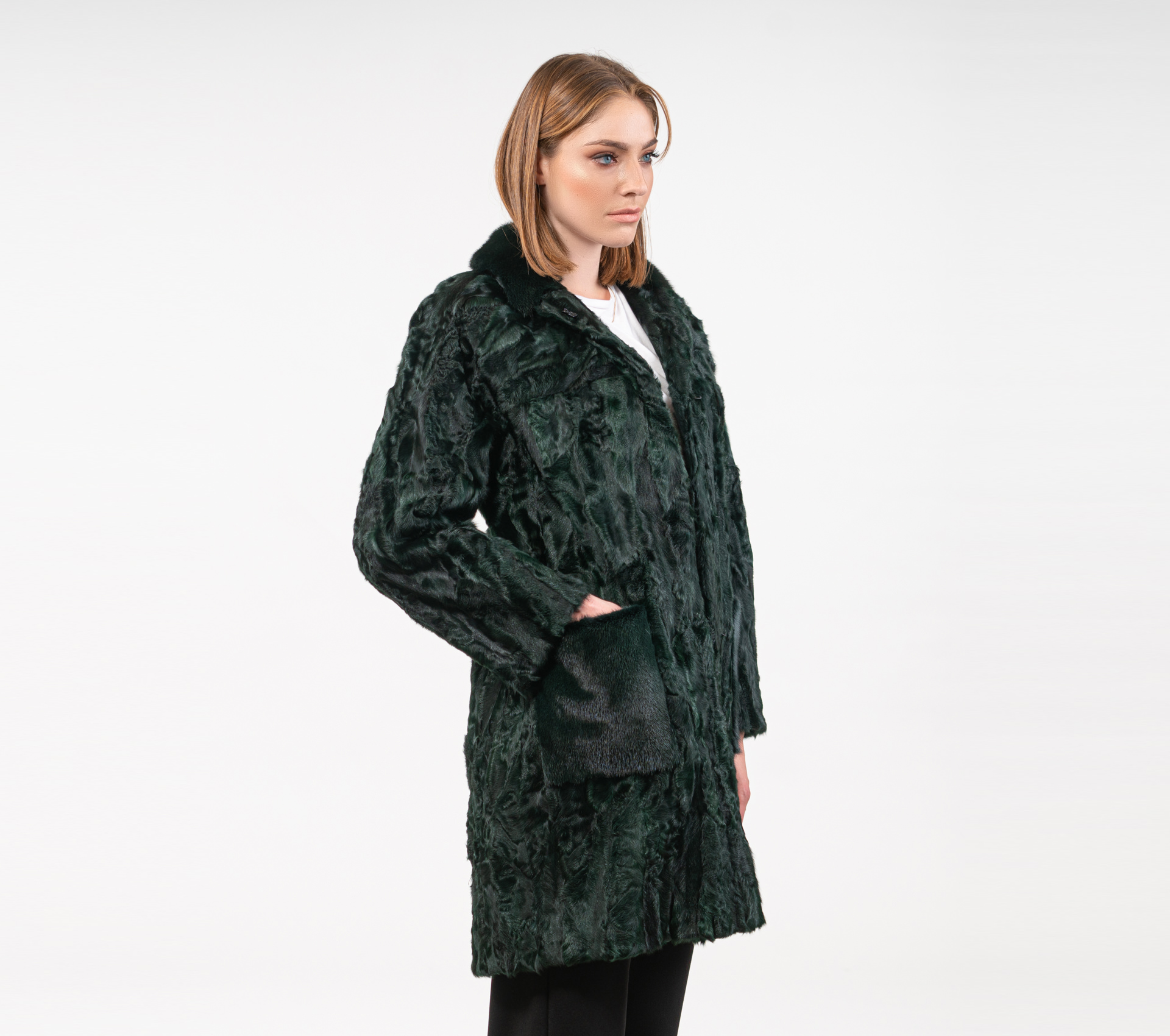 Cypress Green Astrakhan Fur Jacket - 100% Real Fur Coats - Haute Acorn