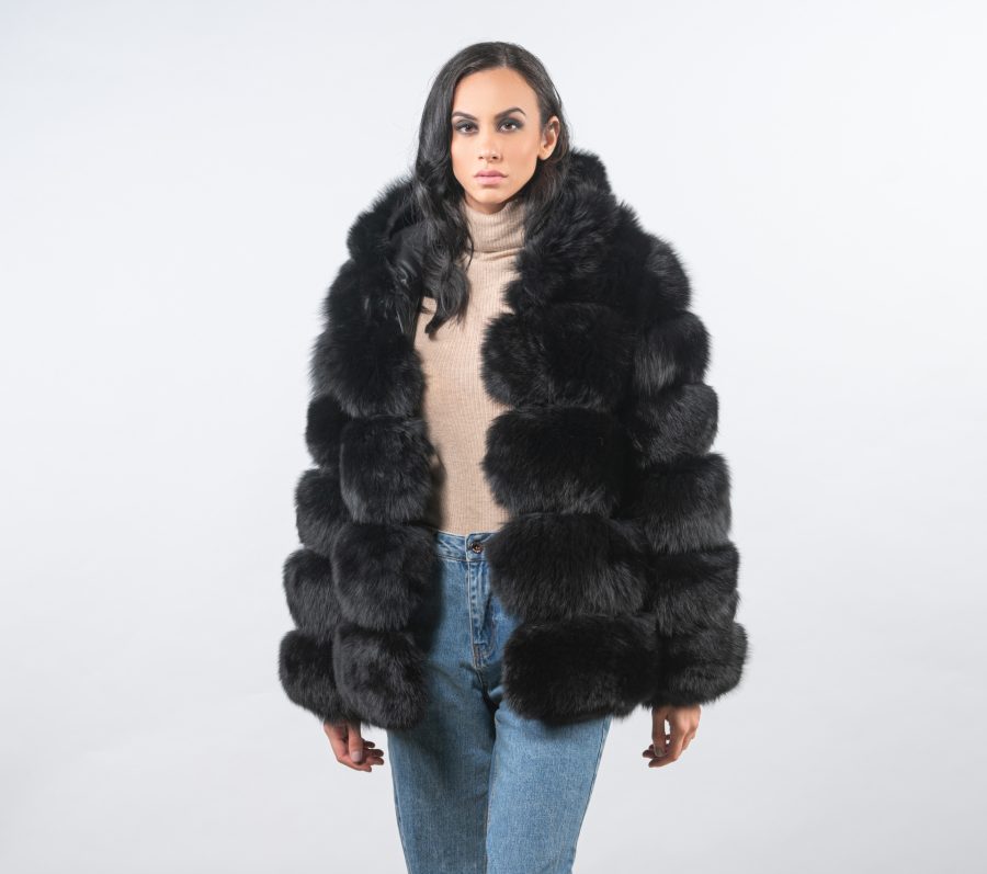 Black Fox Fur Jacket With Hood 100, Black Fox Fur Hooded Coat