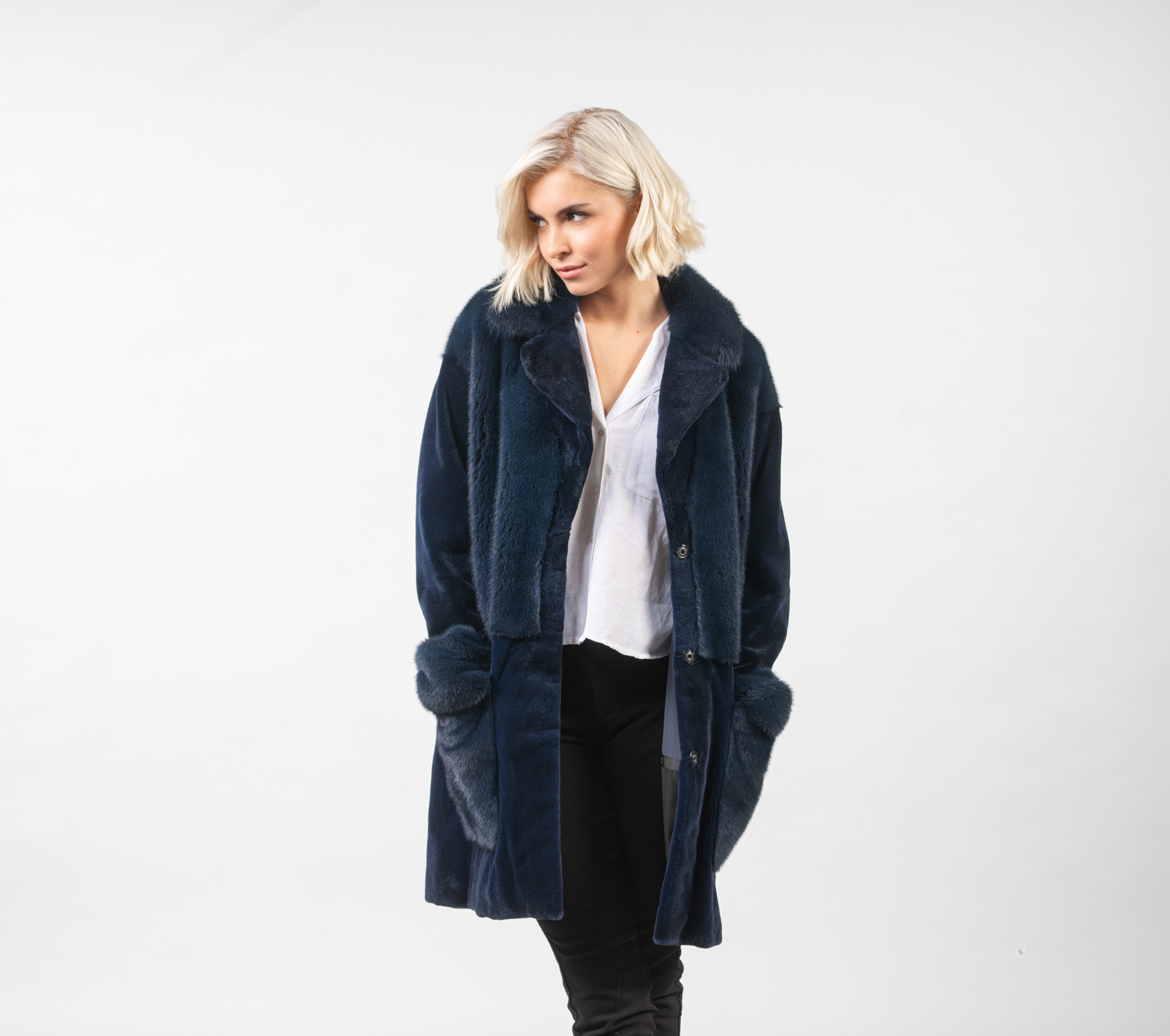 Blue Horizontal Design Mink Fur Jacket- 100% Real Fur - Haute Acorn