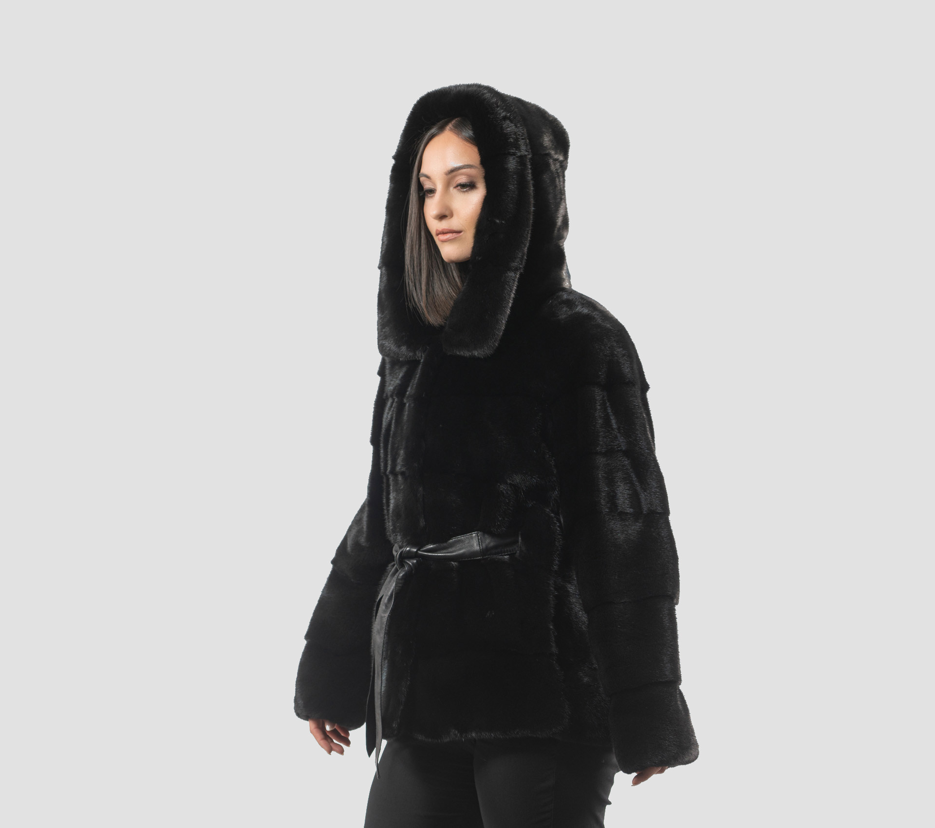 Black Mink Fur Jacket With Leather Belt - 100% Real Fur - Haute Acorn