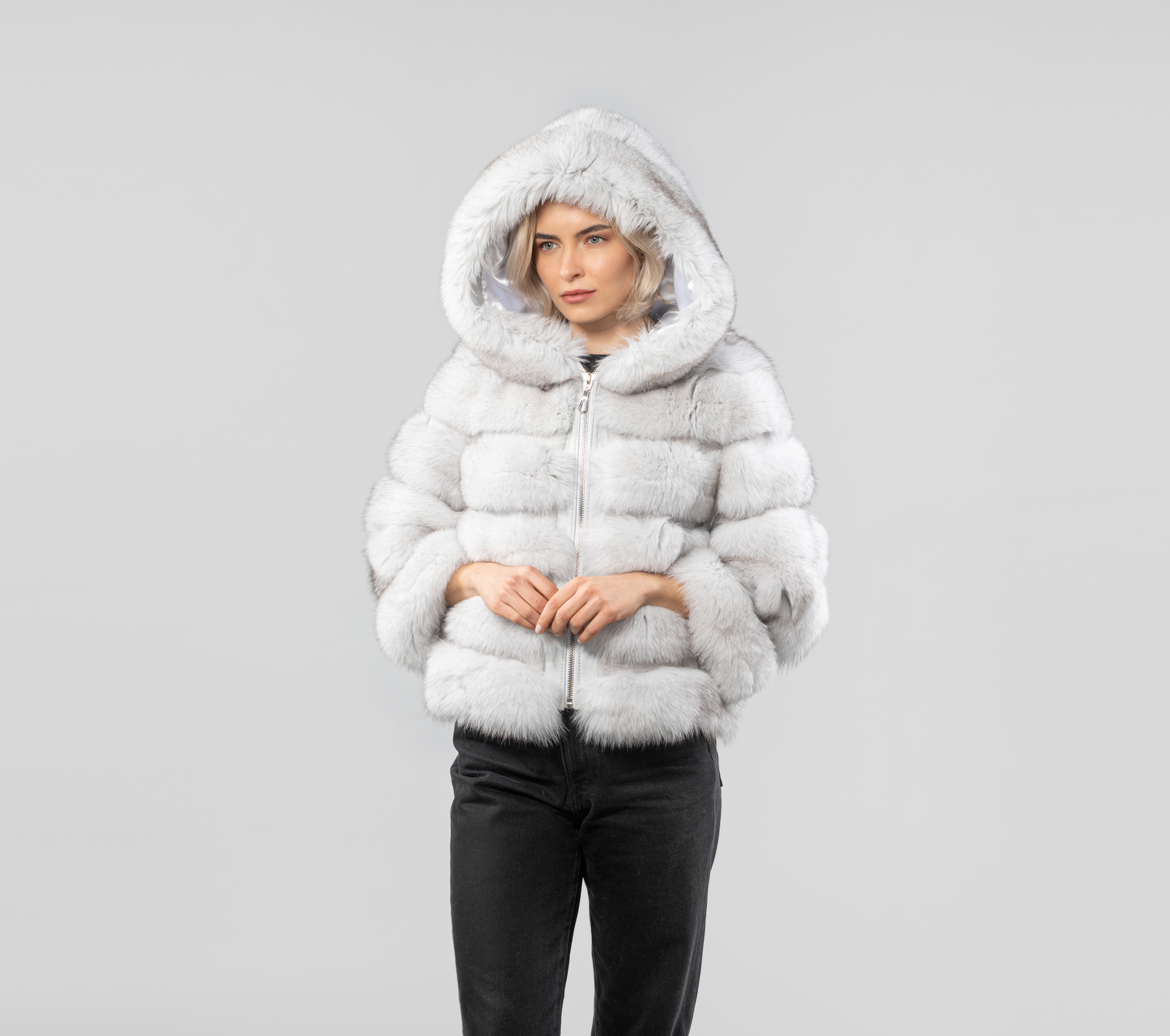 Hooded White Fox Fur Jacket - Real fox fur - Haute Acorn