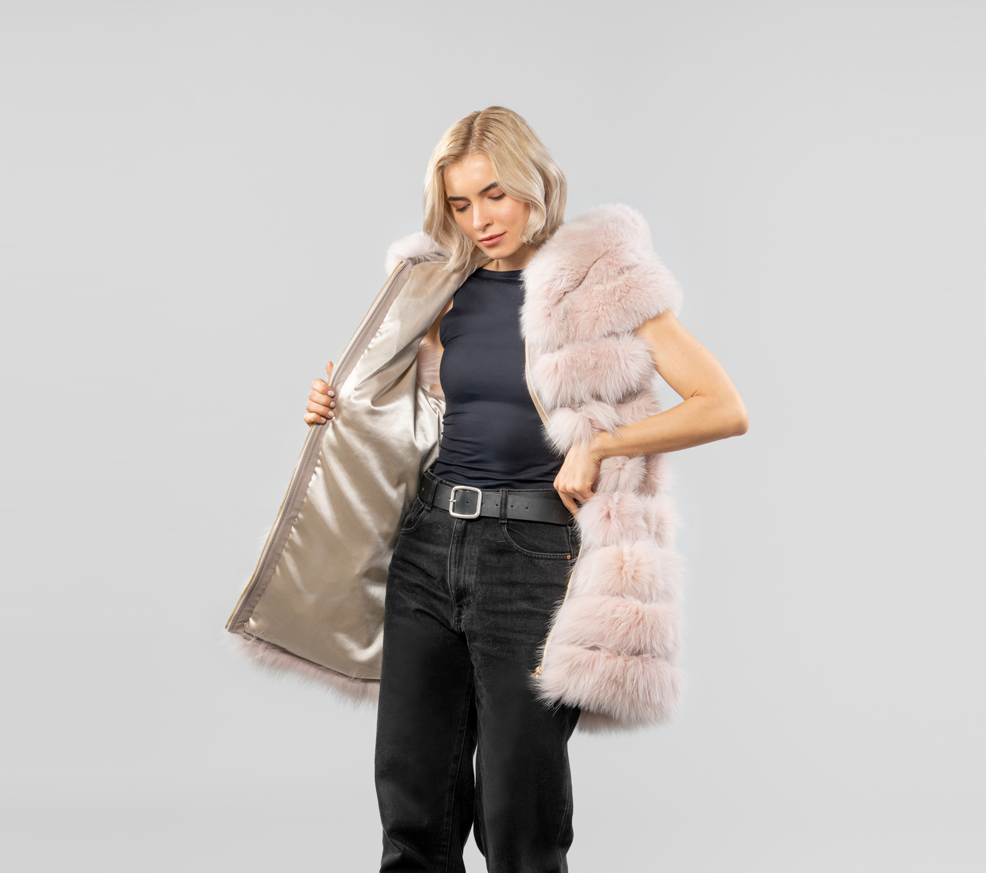 Light Pink Fox Fur Vest With Hood 100 Real Fur Haute Acorn