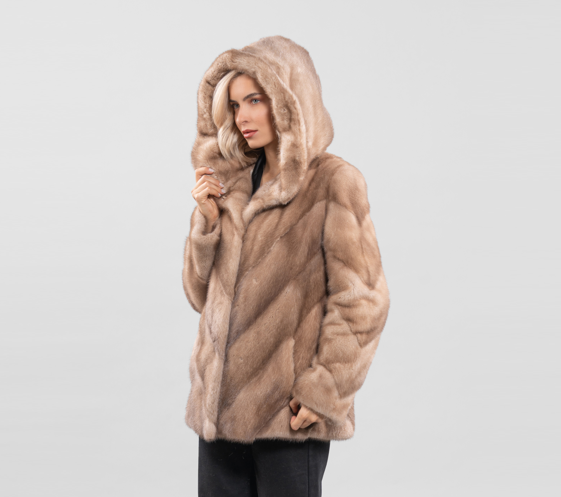 Hooded Diagonal Layer Mink Fur Jacket