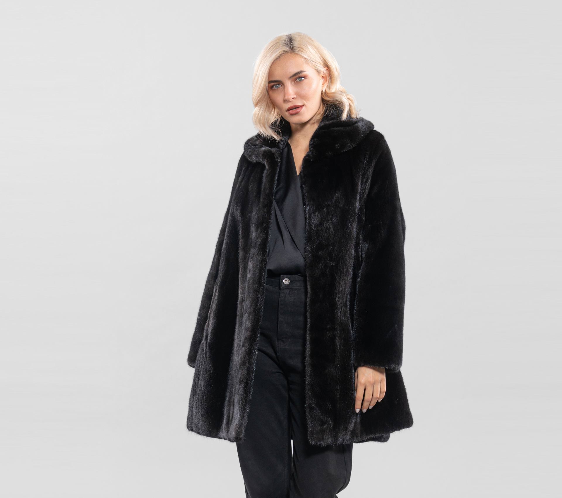 Black Full Pelts Mink Fur Jacket With Wide Collar