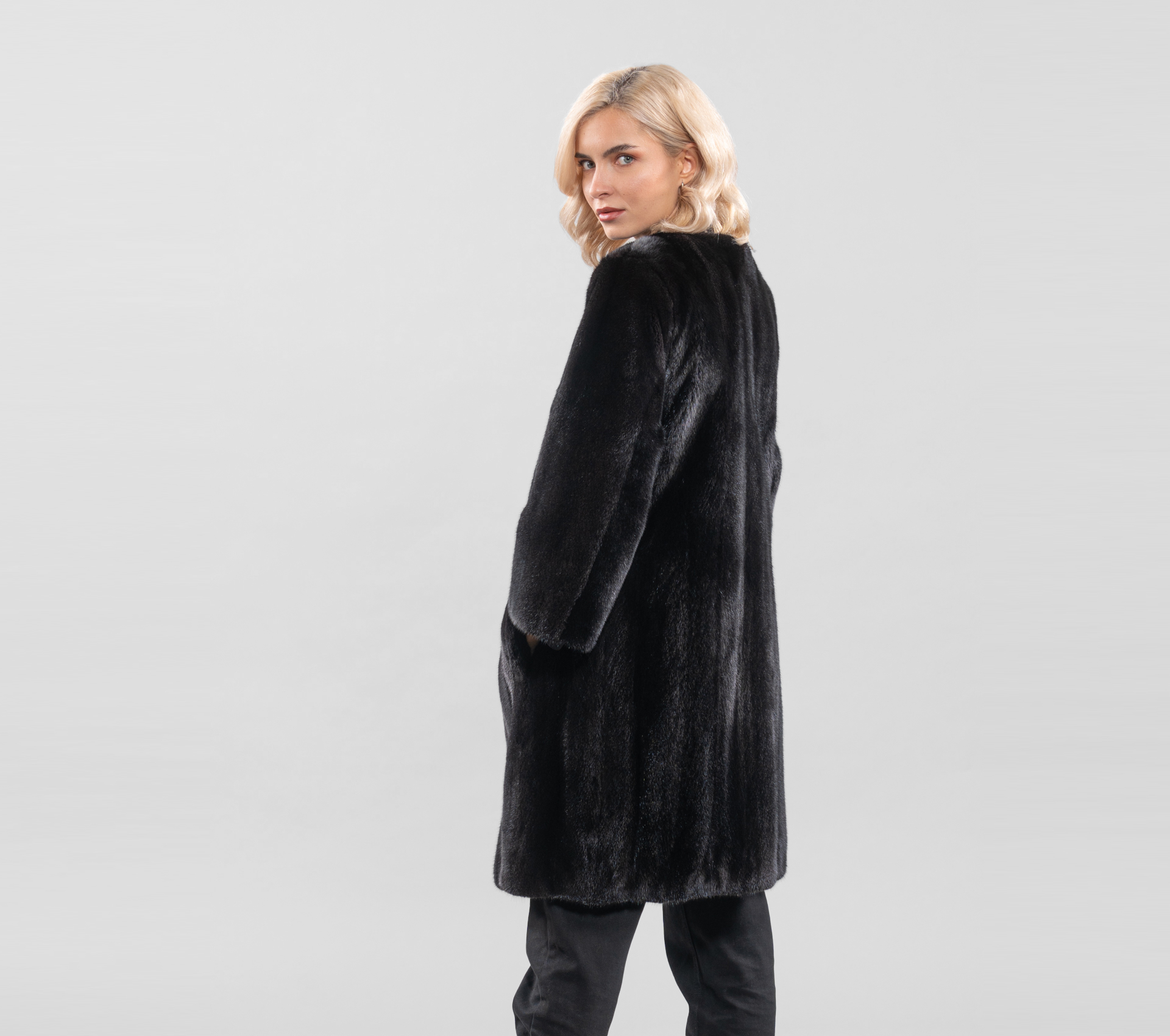 Black Velvet Collarless Mink Fur Jacket